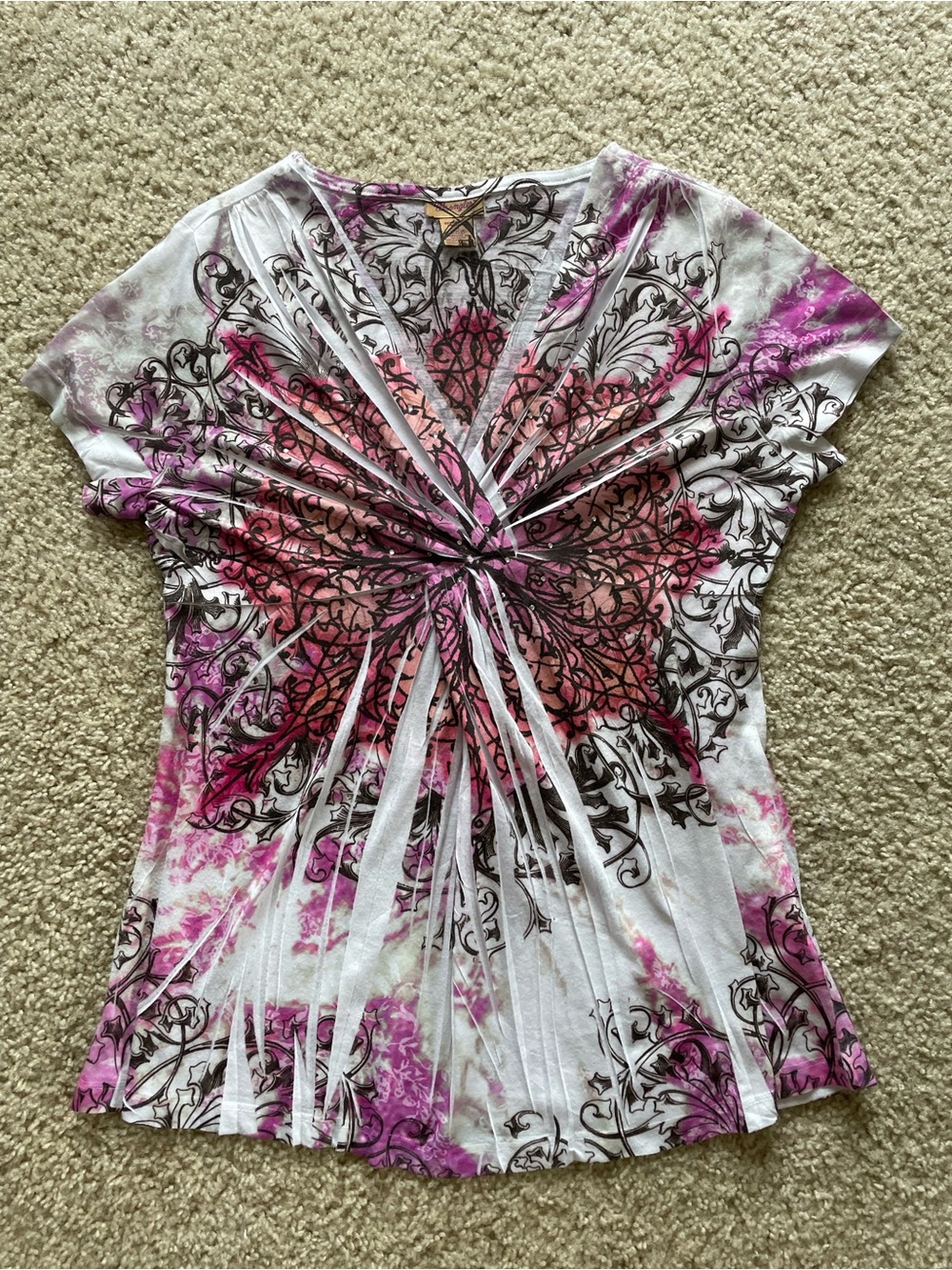 Wrangler Pink & White Twist Front Medallion Short Sleeve Top